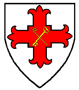 Argent, on a cross fleury quadrate gules in saltire a bishop's crozier and a key, wards to base Or
