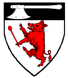 Argent, a boar rampant maintaining a spoon gules, on a chief sable an axe argent
Device registered: December 2009