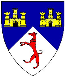 Per chevron azure and argent, two triple-towered castles or and a greyhound rampant gules. Name and Device registered: January 1984