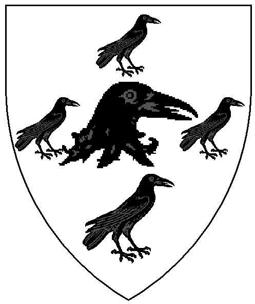 Argent, a raven's head erased contourny between in cross four ravens contourny sable
Registered : Nov-1990 (via Caid)